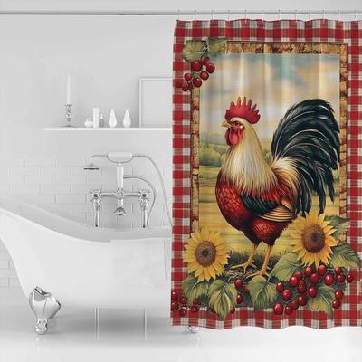 Cortina de Chuveiro Xadrez Galo de Fazenda Vintage Artística Colorida Tapete de Banho Decoração para Decoração de Casa