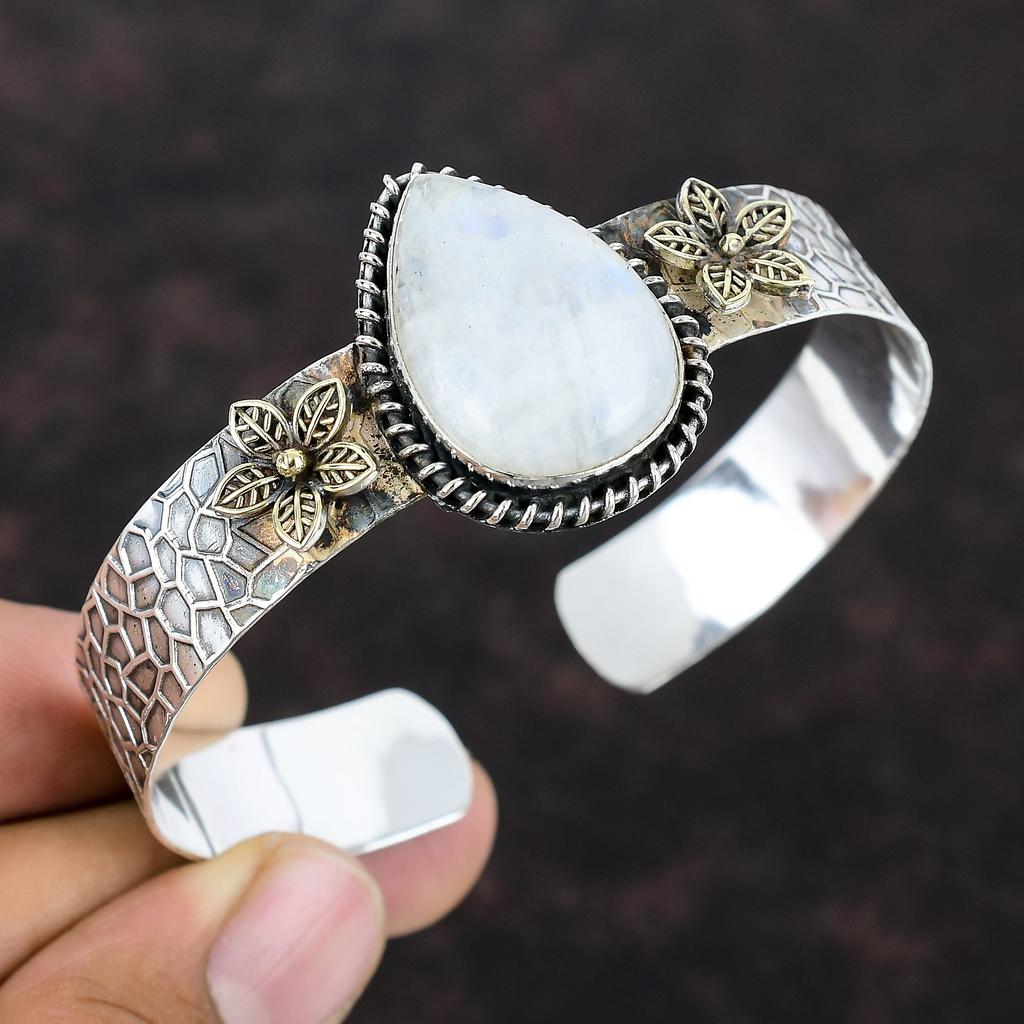 Rainbow Moonstone Bangle 925 Sterling Silver Adjustable Cuff Bracelet 18K Gold Plated Original Gemstone Bangle Handmade Jewelry Gift For Her