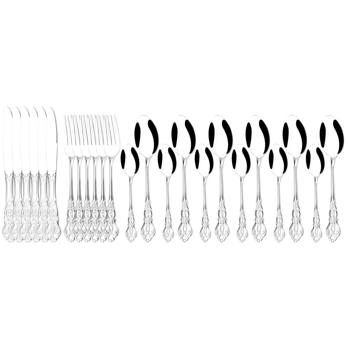 

24 шт., нож, вилка, ложка для льда, набор столовой посуды, красочный набор столовых приборов из нержавеющей стали, винтажная полая посуда, столовое серебро для свадебной вечеринки серебряный