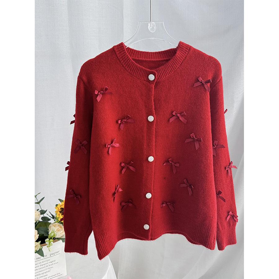 Women's 3D Bow Sweater 2026 New Fall Winter Long Sleeve Cardigan Cute Knit Top White S