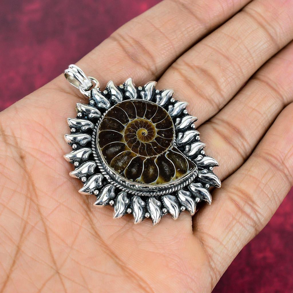 Ammonite Fossil 925 Solid Sterling Silver Pendant, Handmade Gemstone Jewelry Pendant For Memorial Day
