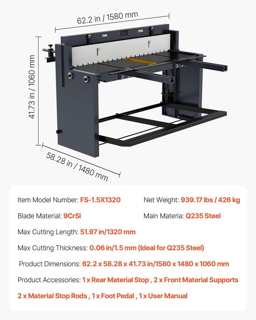 Foot Stomp Sheet Metal Shear, 1320 mm Width Manual Floor Shear, with Soild Steel Frame, Adjustable Blade Gap, Material Stops, Foot-Pedal Control for