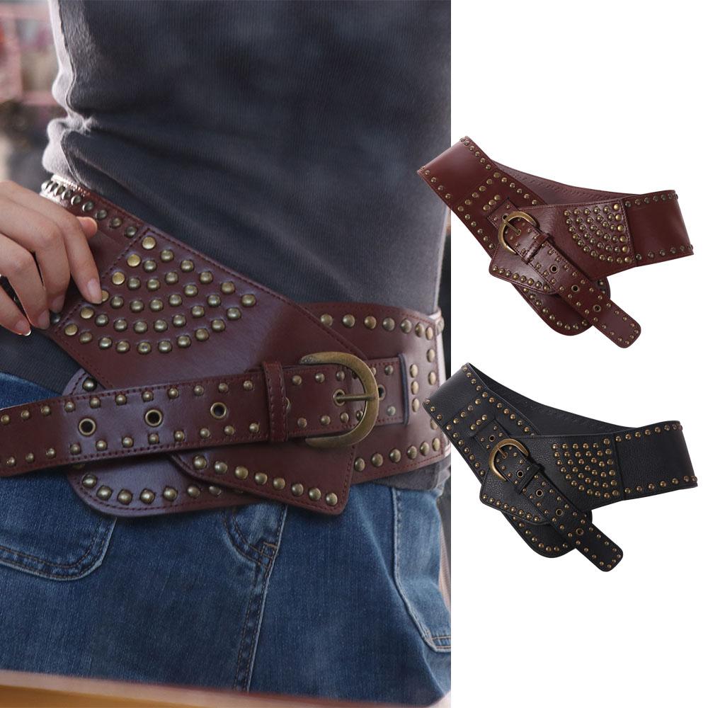 Adjustable Metal Rivet Belt PU Leather Waist Corset Fashion Wide Cummerbunds  Dress
