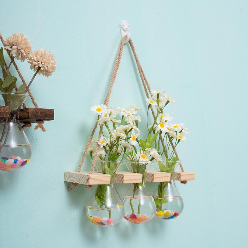 Retro Glass Wall-Mounted Hydroponic Vase with Light - Simple Decorative Ornament for Bedroom & Living Room