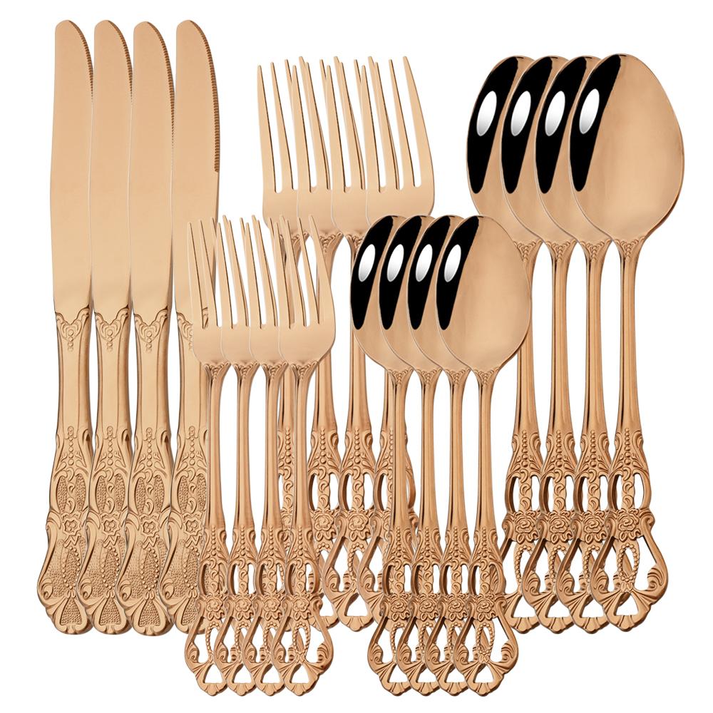

20 шт., винтажный королевский серебряный набор столовой посуды из нержавеющей стали, зеркальные ложки, вилки, ножи, ложка для мороженого, столовое серебро, свадебная посуда, подарок розового золота