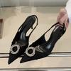 Fashion Luxury Design Rhinestone Buckle Women Pumps Cozy Silk Pointed Toe Party Prom Shoes Slingback High Heels Mules Heeled Sandals