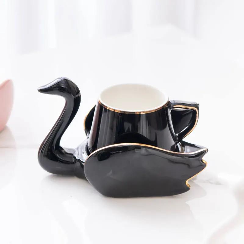 

Nordic Creative Swan Coffee Cup Saucer Set With Gold Rim Small Cute White Black Green Pink Ceramic Cups and Saucers Lovely Gifts 110ml