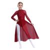 Girls Lyrical Dance Dress Shiny Rhinestones Sheer Mesh Patchwork Keyhole Back Long Sleeve Leotard