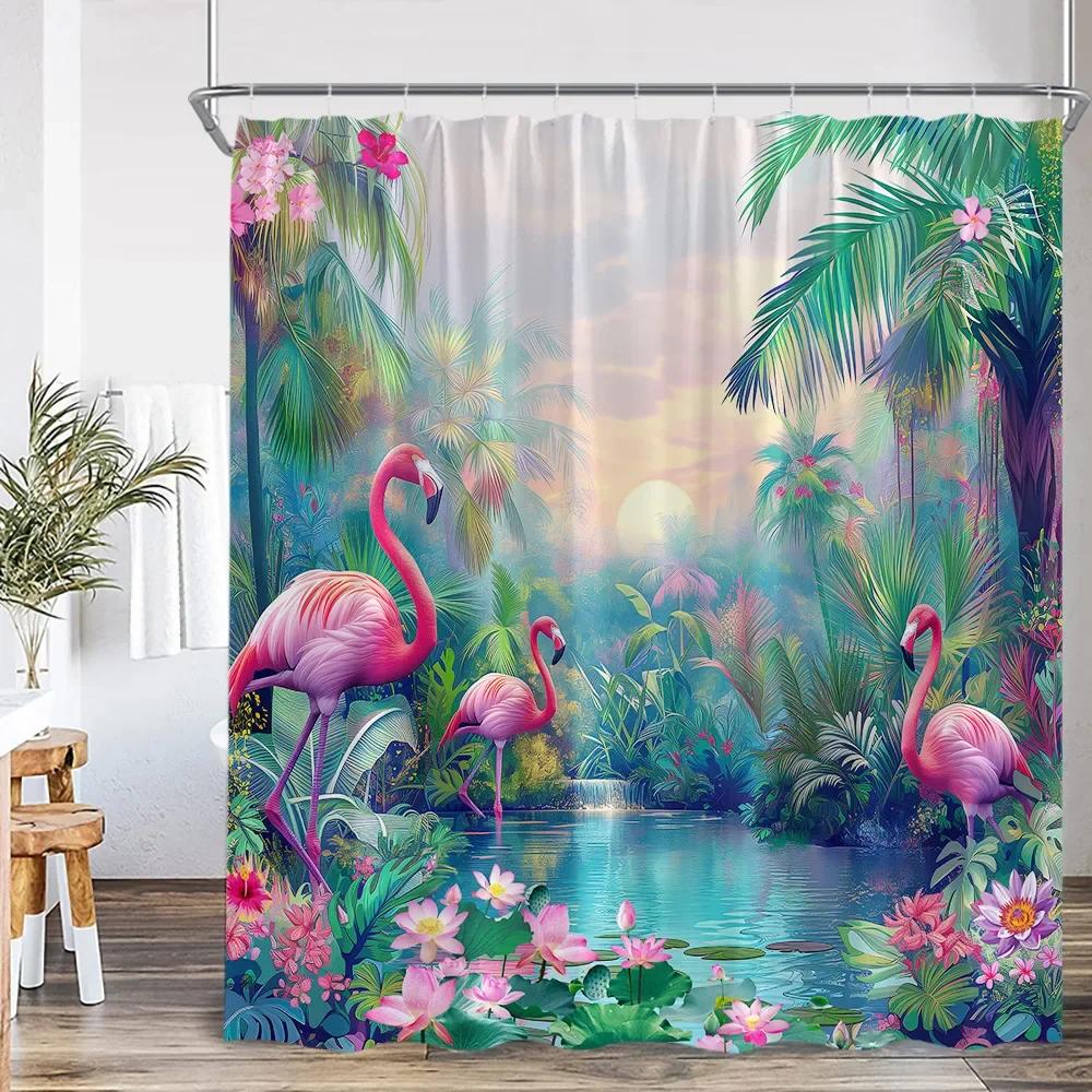 Spring Summer Flamingo Shower Curtain Pink Bird Tropical Leaves Rainforest Jungle Bathroom Decorative Shower Curtain