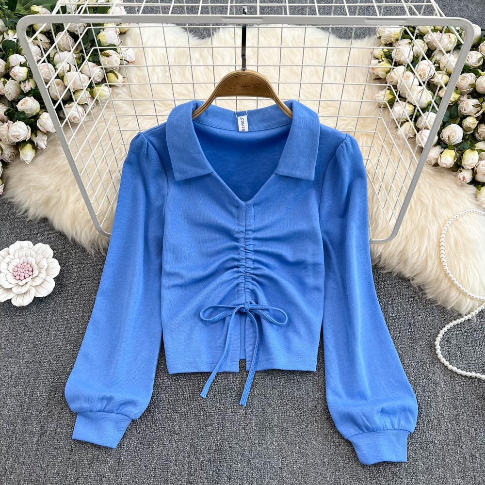 

RUGOD, осенний новый стиль, короткая футболка в иностранном стиле с воротником-поло и длинными рукавами на талии, на шнурке, женский топ в иностранном стиле