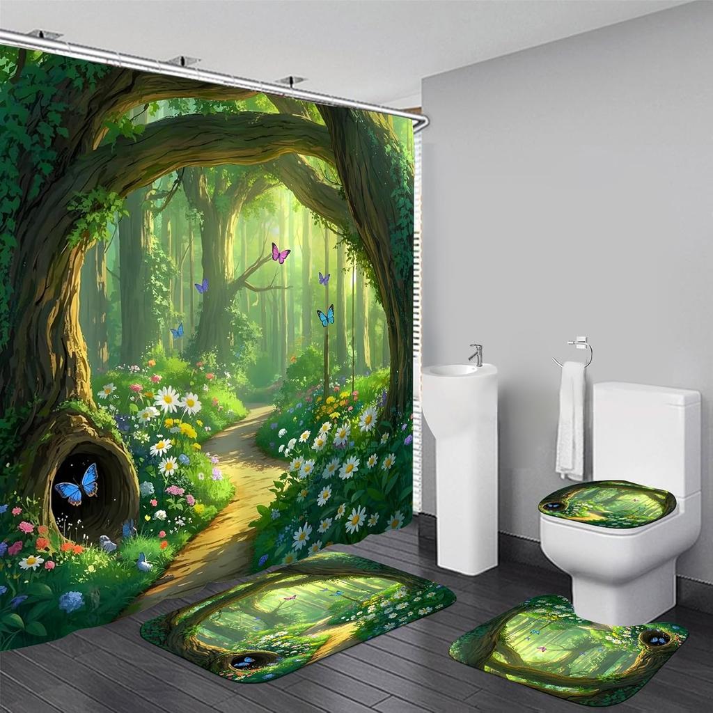 8styles 4Pcs Bathroom Shower Curtain Set Green Tree Nature Bathroom Curtain With 12 Hooks Non Slip Rugs Toilet Cover Mat Bathroom Partition