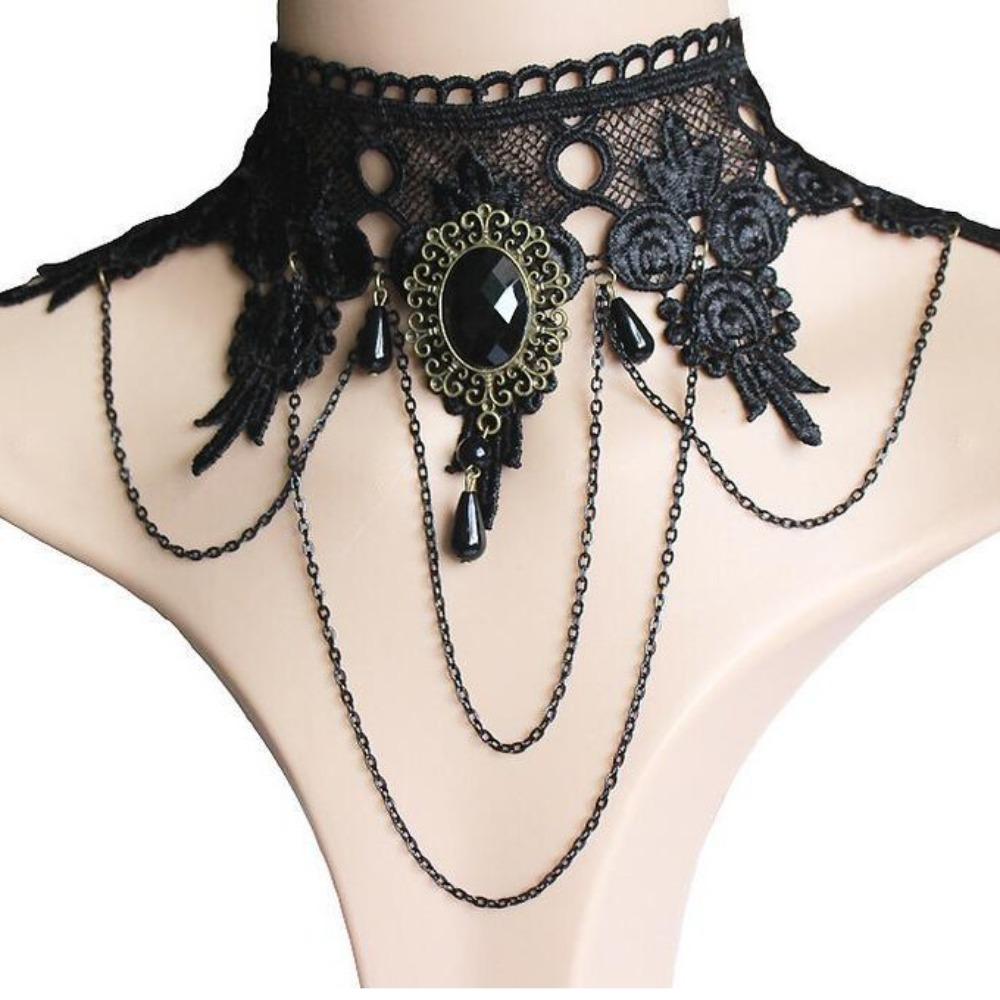 Steampunk Gothic Necklace Vintage Tassel Punk Retro Necklace Black Lace Choker Jewelry Gift