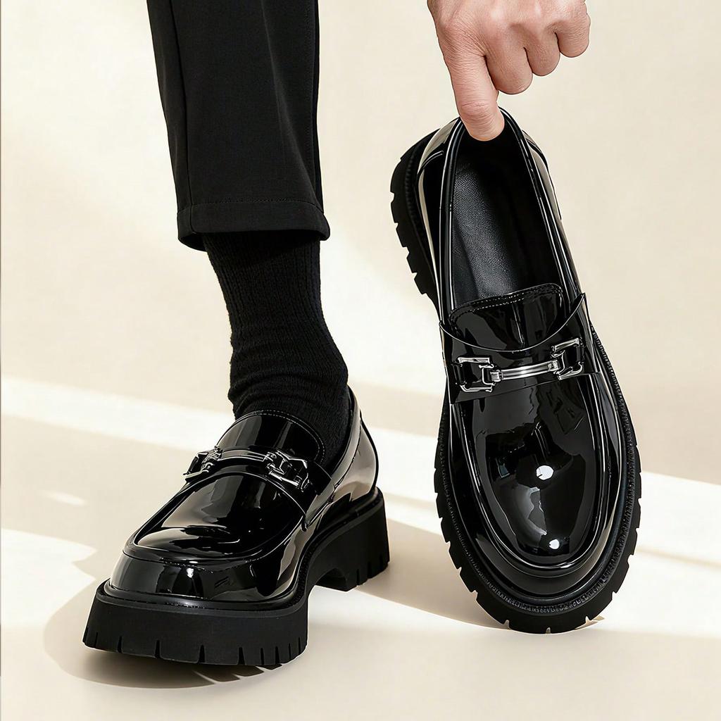 Fashion Classic Thick Sole Men's Penny Loafers Slip-On Business Dress Shoes for Gentleman Metal Buckle Formal Black Glossy Shoes