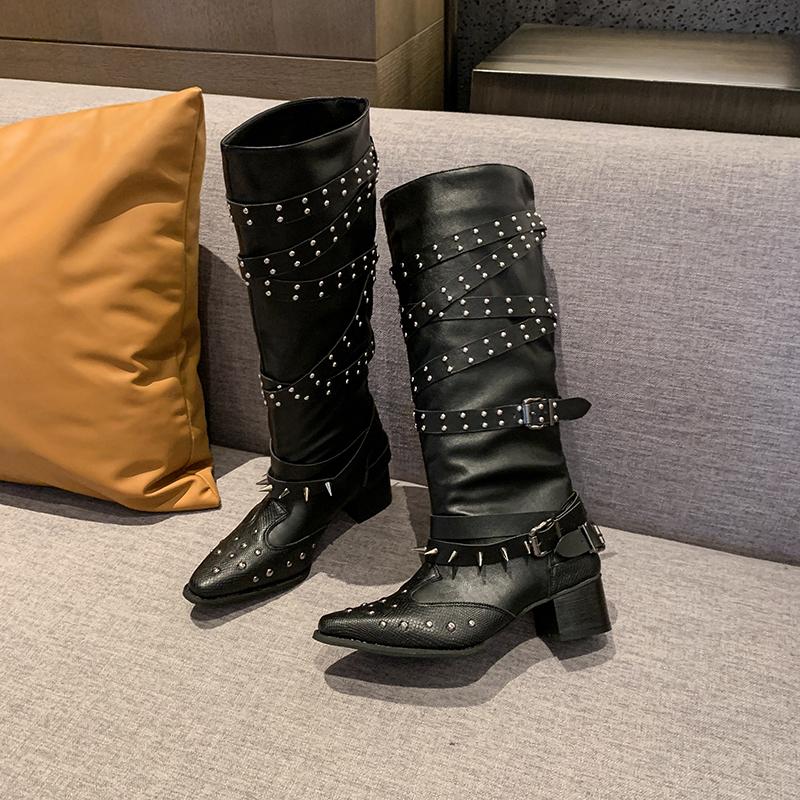 Fashion 2025 New Long-Tube Boots Women's Pointed Toe Block Heel Studded Knight Boots
