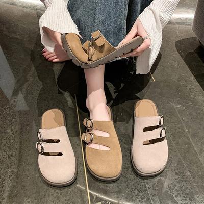 Fashion Women's Suede Mules 2024Spring and Autumn New Thick-soled Flat Shoes Boston Sandals Fashionable Slip-on Beach Women's Soft Shoes