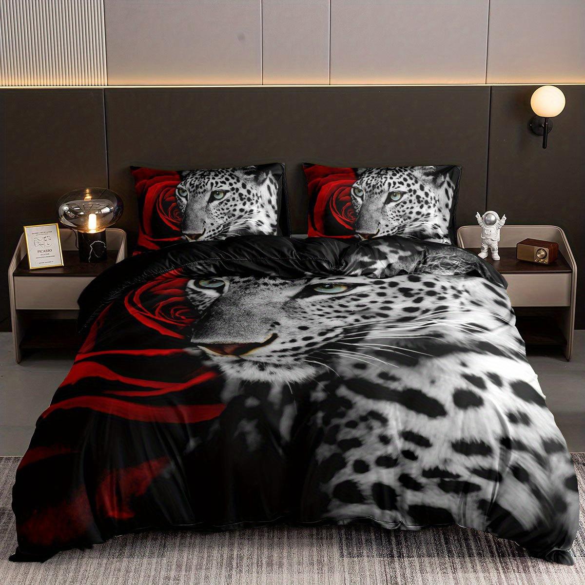 

3-Piece Luxurious Leopard Romantic Rose Print Duvet Cover Set - Soft, Comfortable, and Hypoallergenic Bedding for Bedroom, Guest EU Single 135x200cm