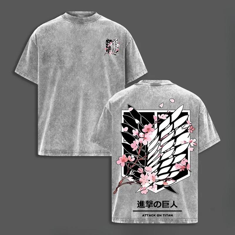 Unisex Vintage Washed Retro Attack On Titan Cotton Tshirt High Street T-shirt Women Men Women Tops Harajuku Male Casual T Shirt
