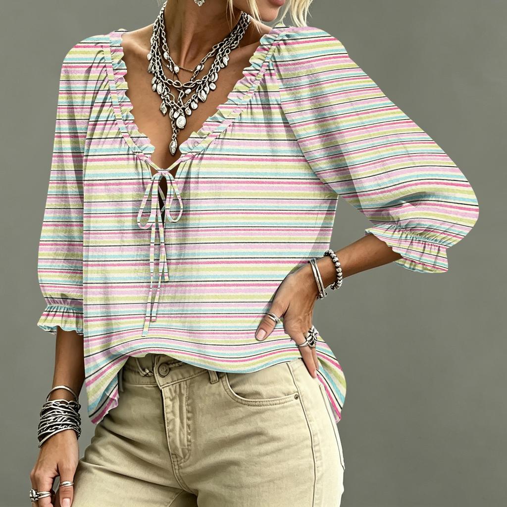 Camicetta a righe da donna con volant e scollo a V con laccetto sul davanti per uso casual