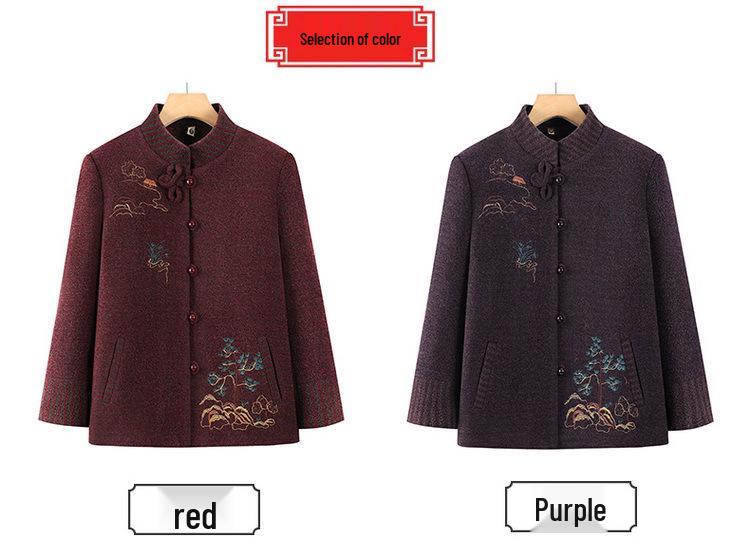 Embroidered Stand-Collar Tang Suit Top for Middle-Aged and Elderly Women, Plush-Lined Jacket for Spring, Autumn, and Winter.