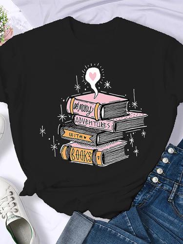 Woman Plus Size Round Neck Half Sleeve T-shirt Printed T-shirt Top New T Shirt Coffee Books Brown Books American Retro T-shirt