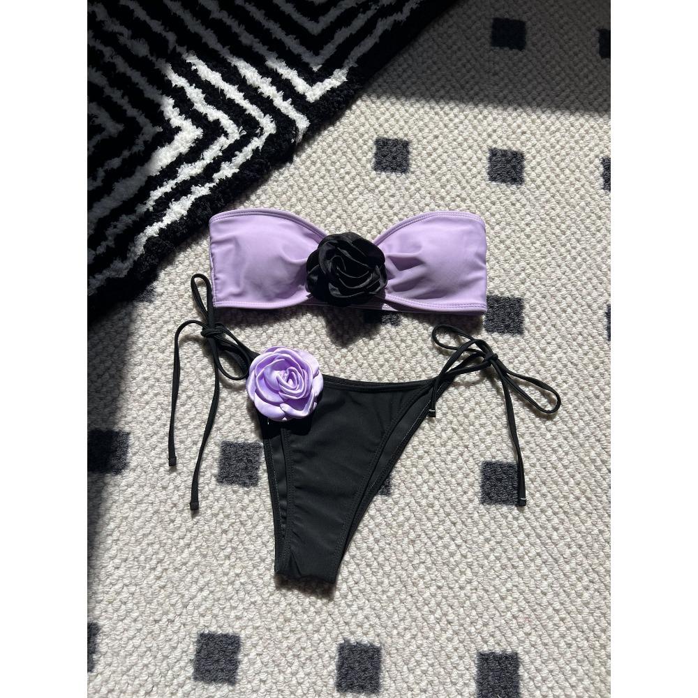European and American Color Matching Rose Tube Top Lace-up Drawstring Strap Split Swimsuit Bikini