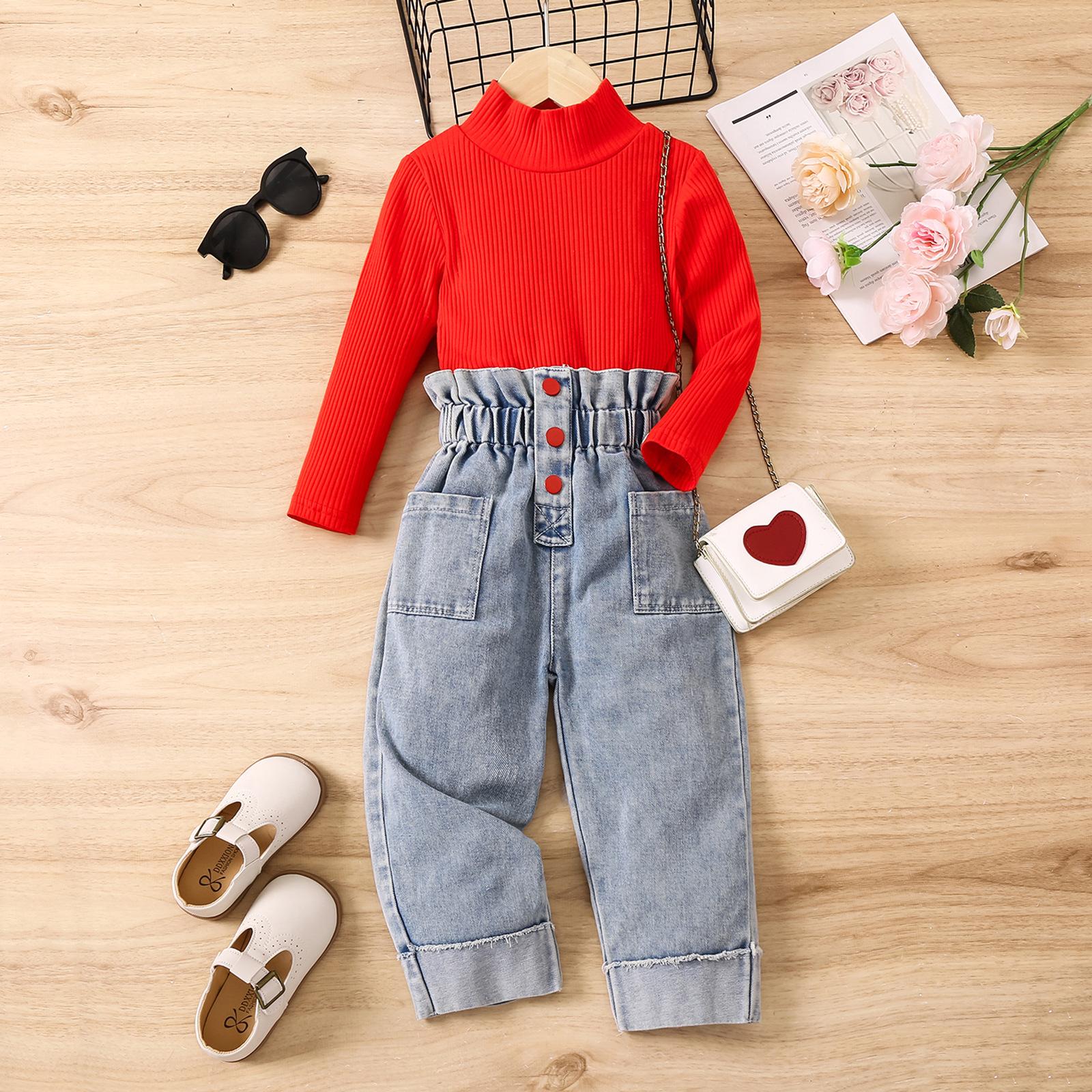 

Комплект одежды для девочек на осень и зиму, детский повседневный однотонный свитер с длинными рукавами и джинсовые брюки 120cm красный