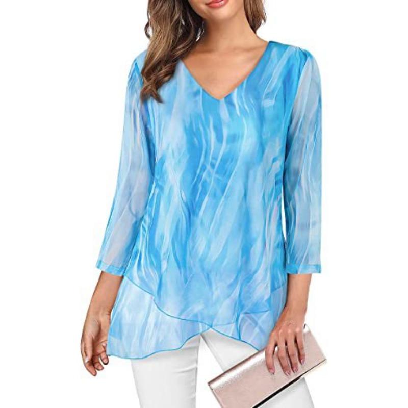 Summer Loose Seven-quarter-sleeved Chiffon Blouse Women V Neck Loose Plus Size Irregular Shirt Fashion Elegant Printed Female Top Mesh Clothing 3276