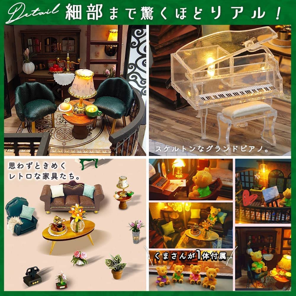 Moin Moin Dollhouse Miniature DIY Handmade Kit Set Instruction Beautiful Curved European Style Pavilion Where the Cub Lives LED Light Acrylic Case