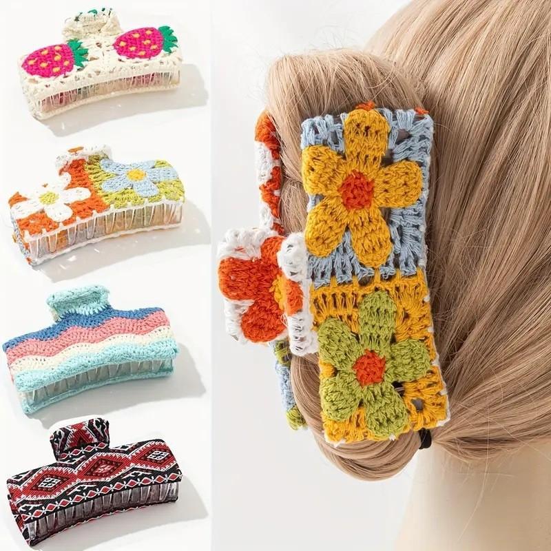 Knitted Flower Hair Claw Handmade Crochet Non-slip Cute Hair Accessory for Girls Women Daily Wear Party Use