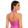 Womens Latin Dance Top Halter Sleeveless Strappy Backless Design Shiny Rhinestones Cross Front Ruched Mesh Crop Top