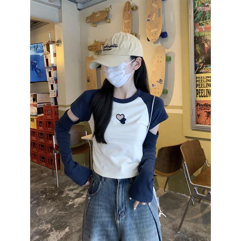 

Unique sense of design, love, hollow top, spring contrasting color, broken-sleeved long-sleeved shirt, Spice Girl versatile bottoming shirt L белый