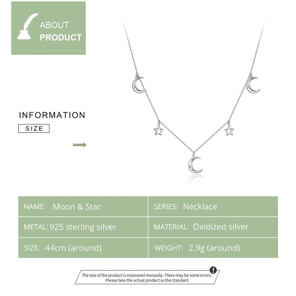 Sterling Silver 925 Moon & Star Pendant Necklace for Women Chain Necklaces Jewelry