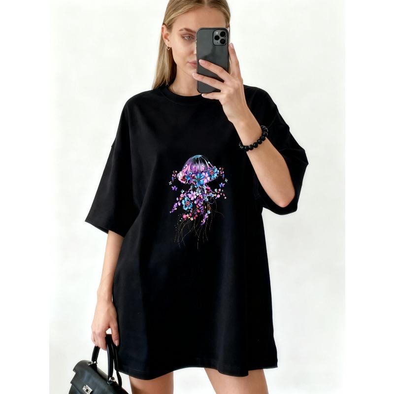 Oversized T Shirt Black Jellyfish Floral Print For Casual Wear