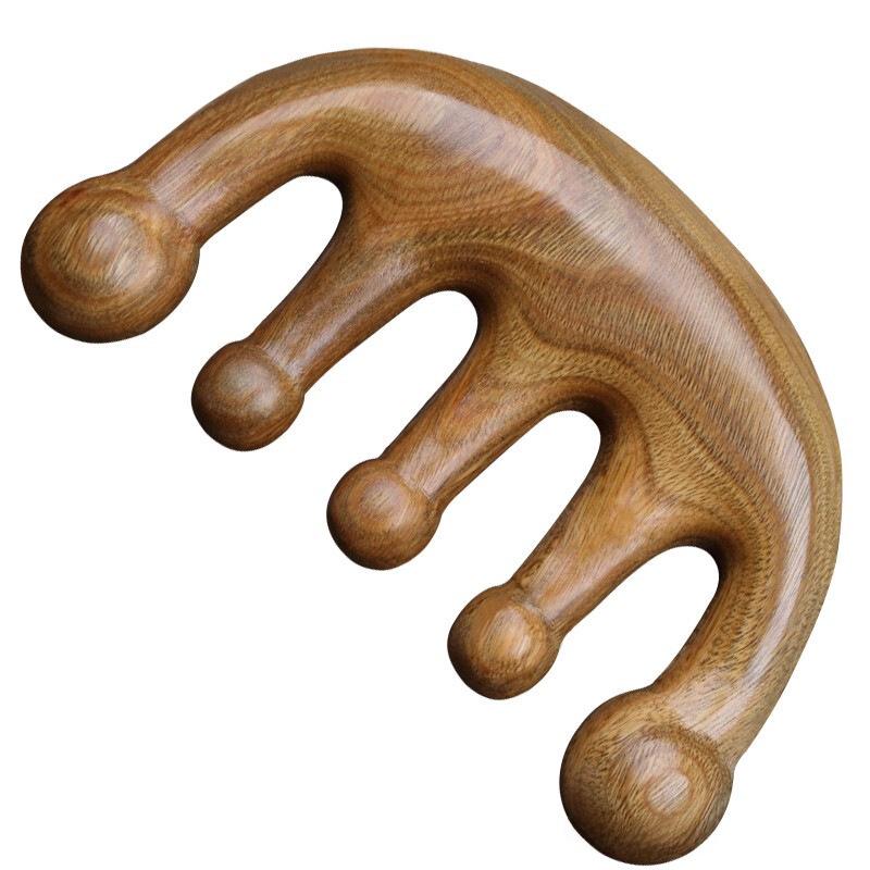 One Piece Gold Sandalwood Five-Tooth Massage Comb for Head and Meridian Stimulation.