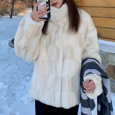 Women Thickened Faux Fur Grass Coat Standing Collar Imitation Lamb Hair Loose Mink Fleece Coat for Women
