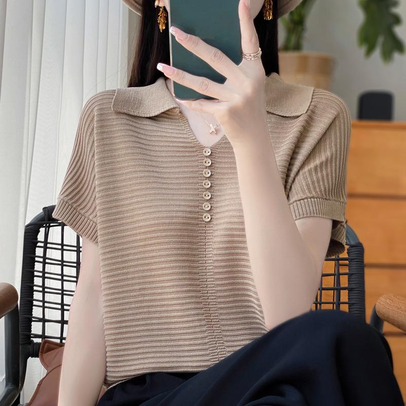 Women Knit T-shirt Summer Knitted Shirt Short Sleeve Tees Turn-down Collar Pullover Knit Tops Female