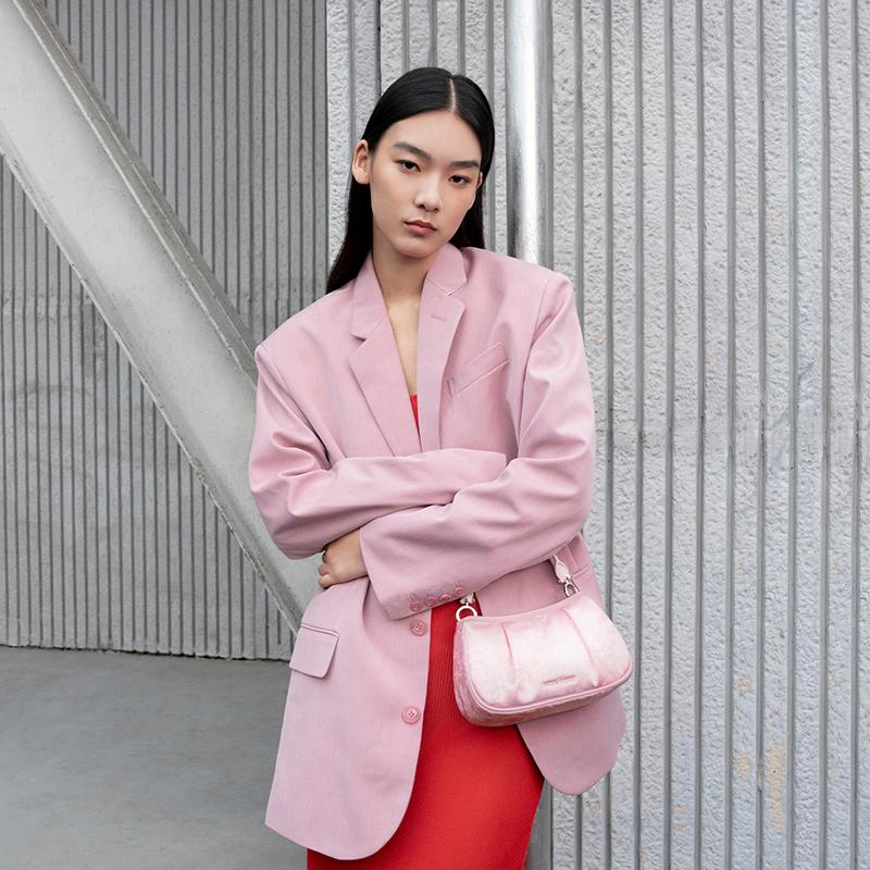 New CHARLES&KEITH Satin Fabric Zip Closure Handbag, Shoulder Bag, Crossbody Bag Trumpets Women's Black/Pink CK2-20160162-A