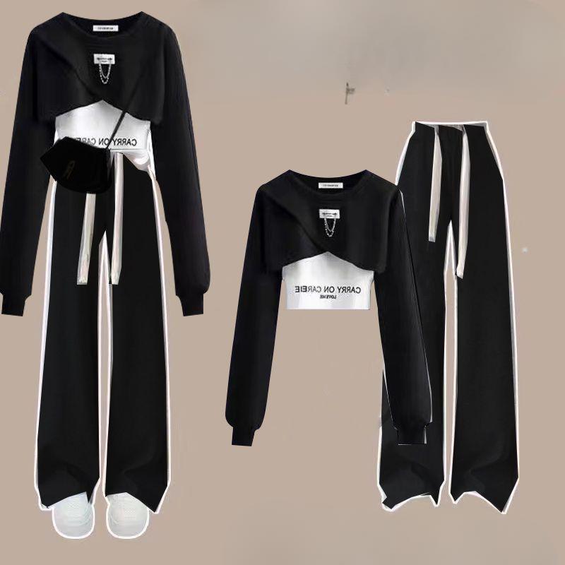 

Весна и осень, десять моделей, костюм в стиле оснастки, женская корейская версия свободного дизайна, топ + слинг + широкие брюки, состоящий из трех и двух частей S