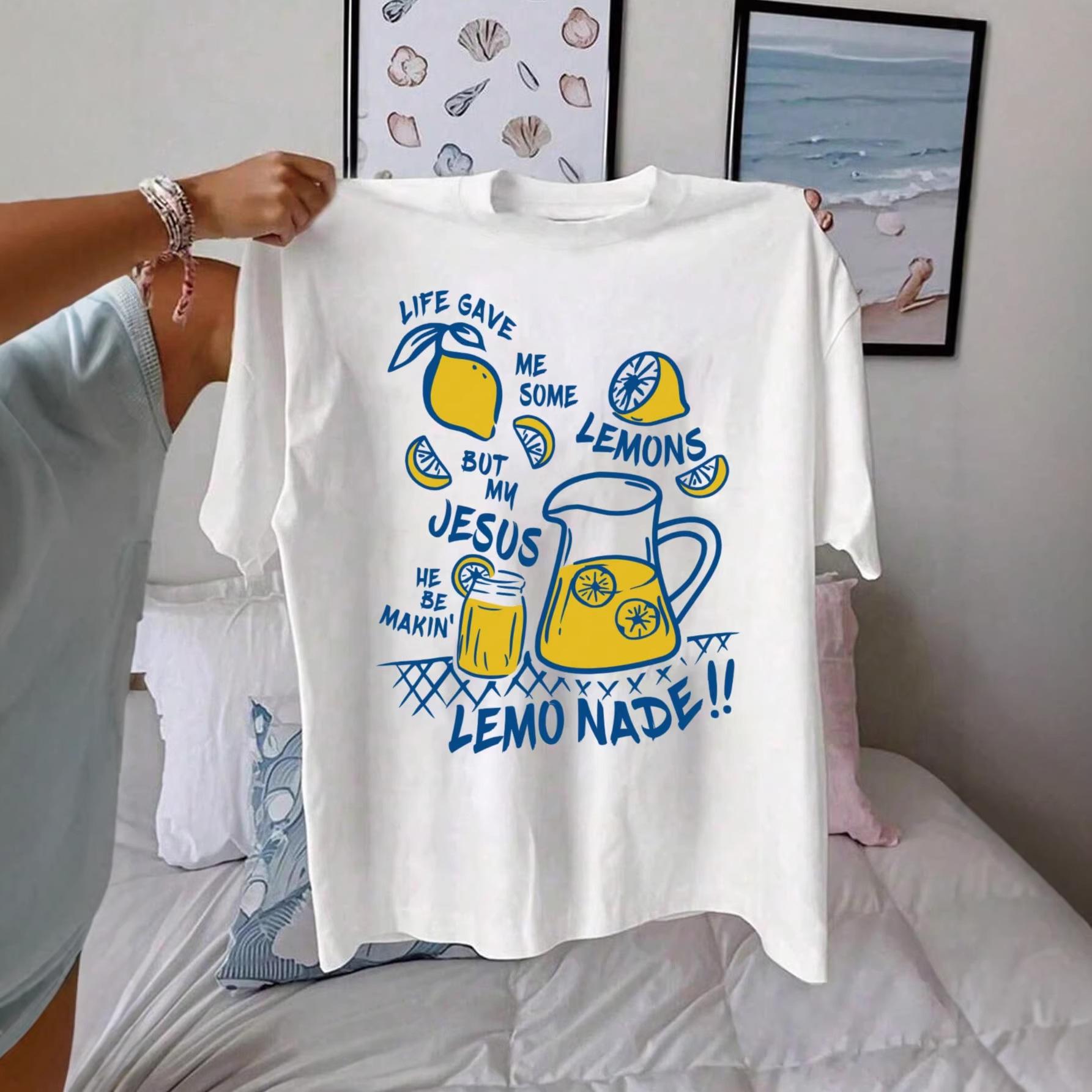 

European & American Retro Lemon Print Short-Sleeve Casual Cotton T-shirt - Summer Slimming Loose Fit Medium білий