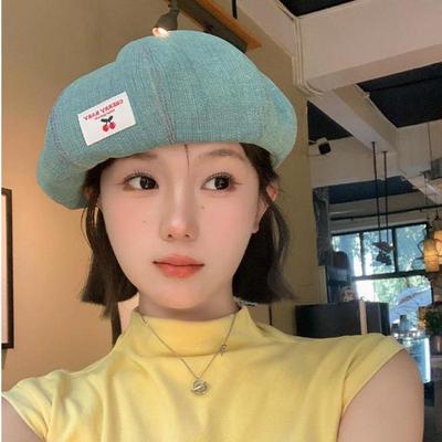 Beret Women's Hat Fashion Cherry Cloth Label Korean Style Spring Summer Washed Denim Cloth Sweet Cute Painter Hat Female Casual