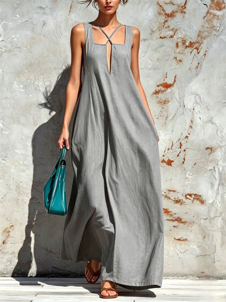 European and American cross-border Amazon Bohemian vacation style square collar cross neck long dress loose pendulum dress