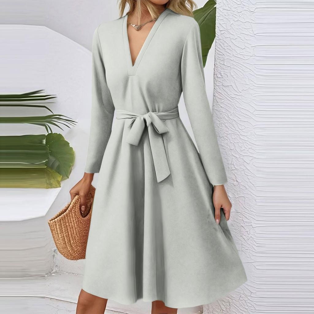 Women's Fashion Casual V-Neck Long Sleeve Waist Solid Color Midi Dress
