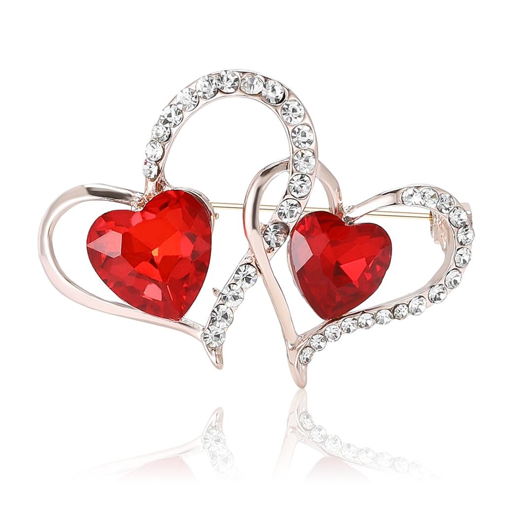 Creative design alloy rhinestone double heart brooch fashionable and versatile women's clothing chest flower accessories
