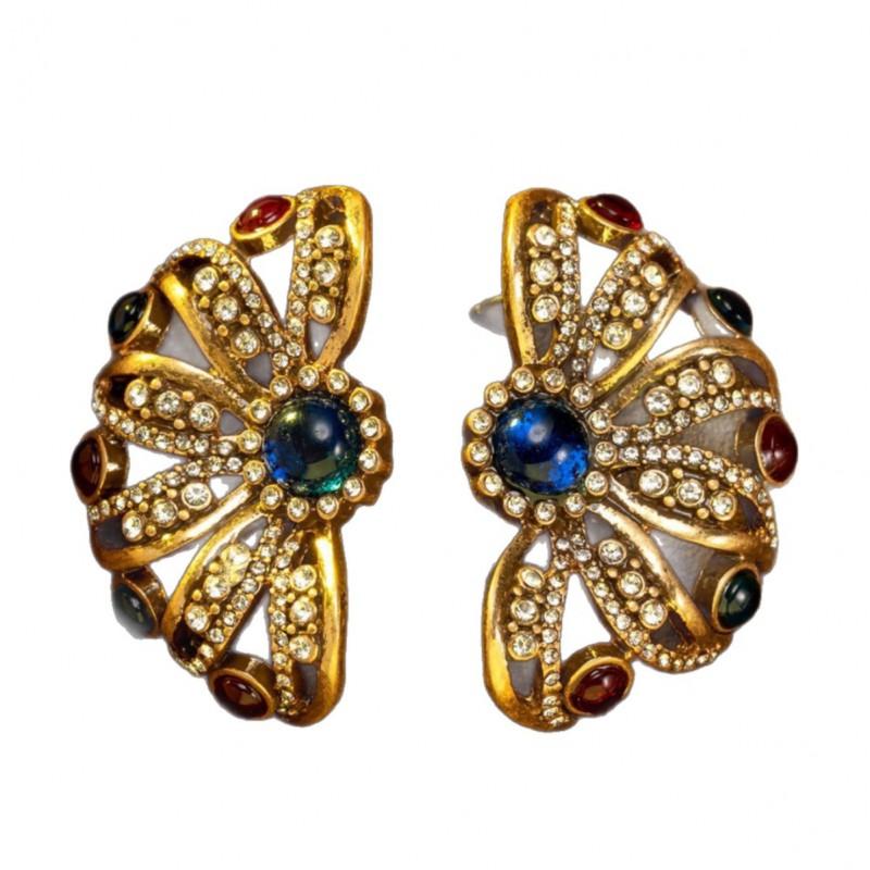 Vintage Colored Rhinestone Inlaid With Flower Earrings Light Luxury Retro Style Medieval Hollowed Out