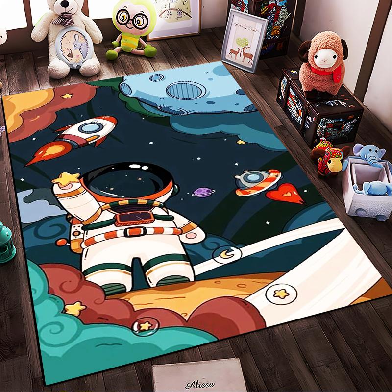 Cartoon Astronaut and Rocket Space Theme Area Rug for Kids Room Decor Suitable for use as an anti-slip for living room bedroom sofas