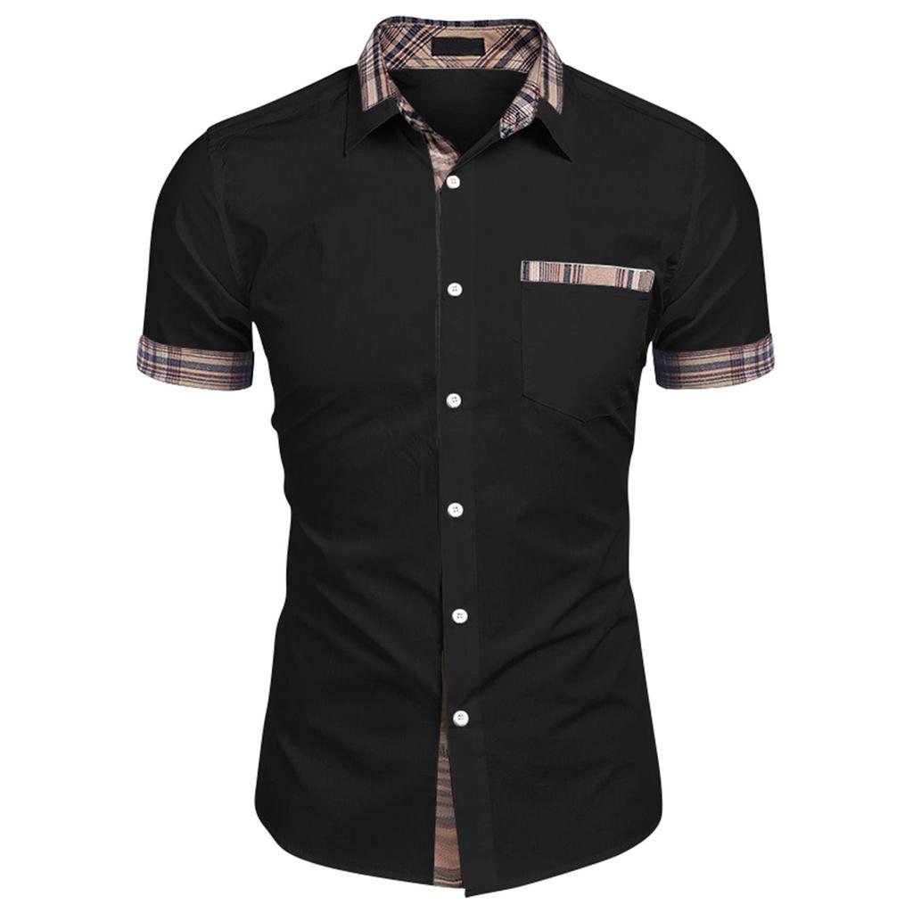 Men's Casual Short Sleeve Shirt Button Down with Plaid Trim Collar and Pocket Detail Lightweight Breathable Summer Shirt for Everyday Wear