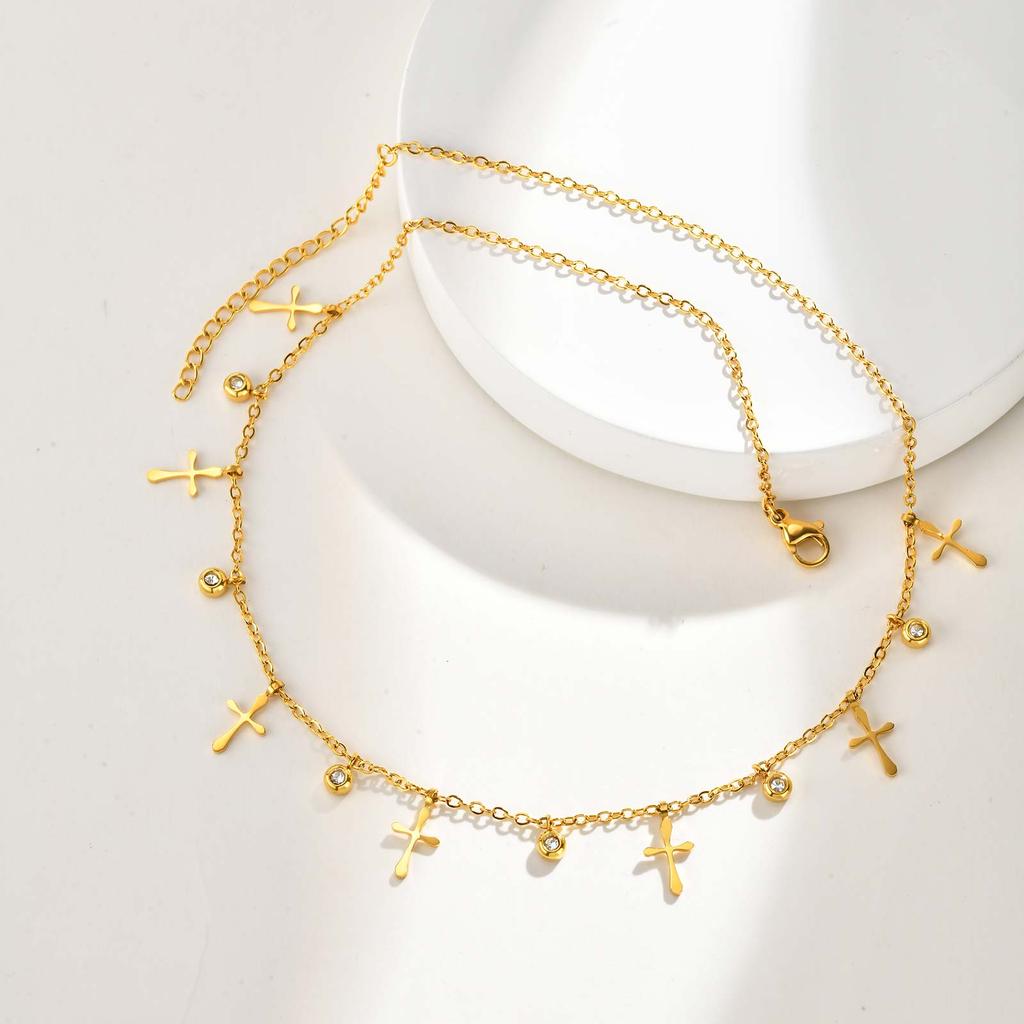 Fashion Cross Zircon Necklace for Women,Gold Color Flat Rolo Chain Stainless Steel Necklaces,Daily Waterproof Jewelry Gift