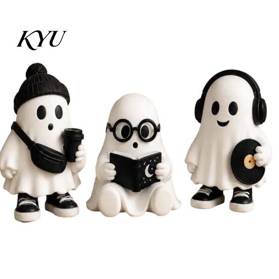 Soft Matte Finish Resin Craft Ornaments Halloween Ghost Figurine, Cartoon Desktop Ornaments, Cute Statue Trendy for Home with Book/Coffee/Vinyl