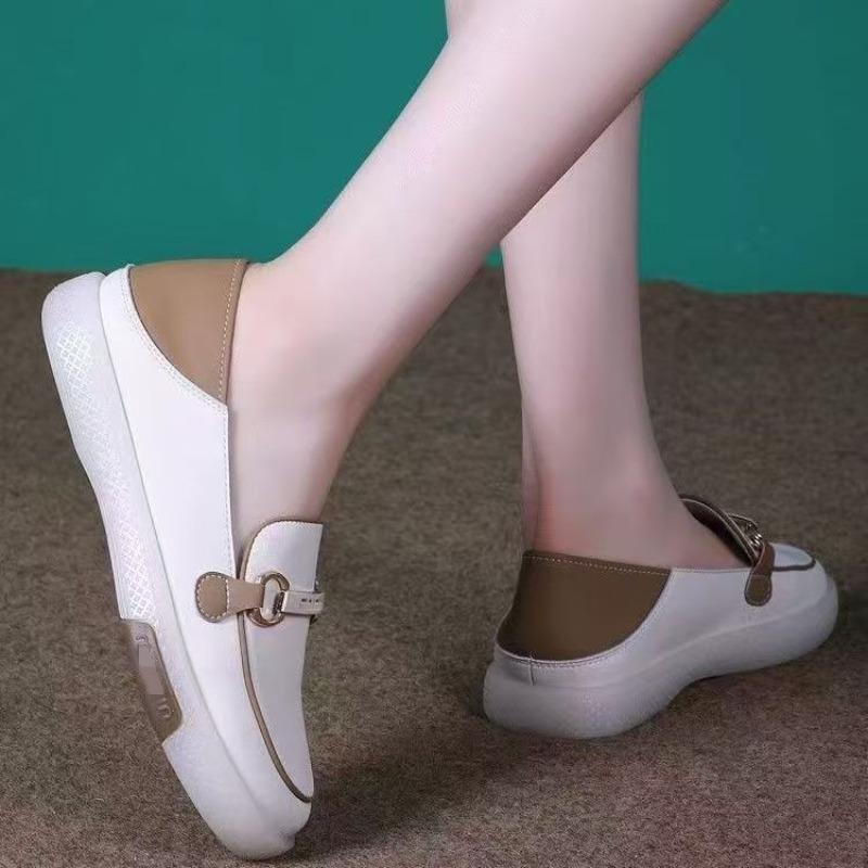 One-pedal women's shoes autumn new little white shoes breathable non-slip soft leather soft sole shallow mouth beef tendon sole
