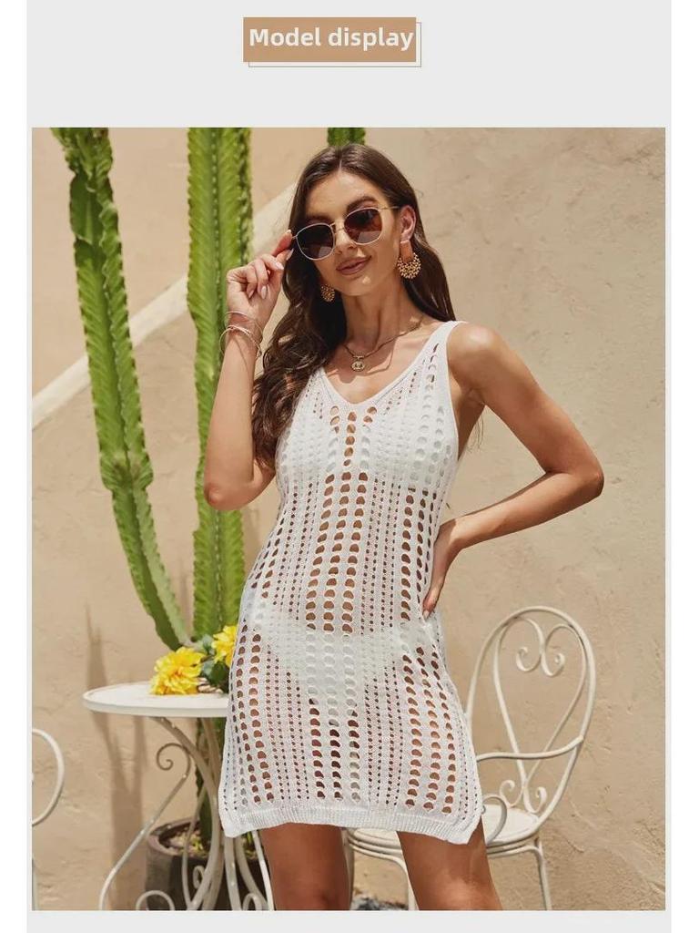 2024 Summer Sun Protection Sleeveless Spaghetti Strap Knit Dress with Slit